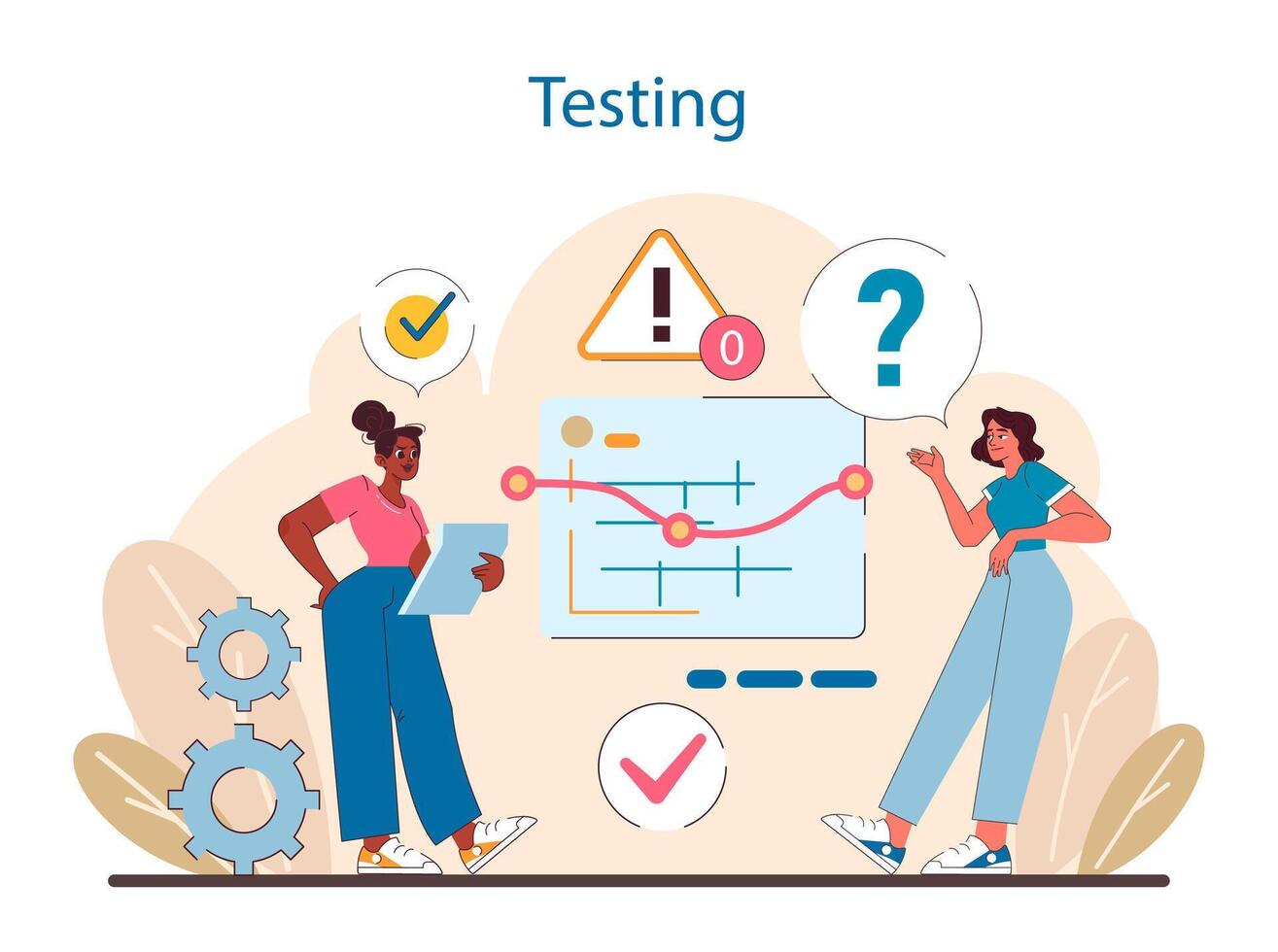 Testing stage in IT project management. Highlights the critical evaluation of software functionality vector