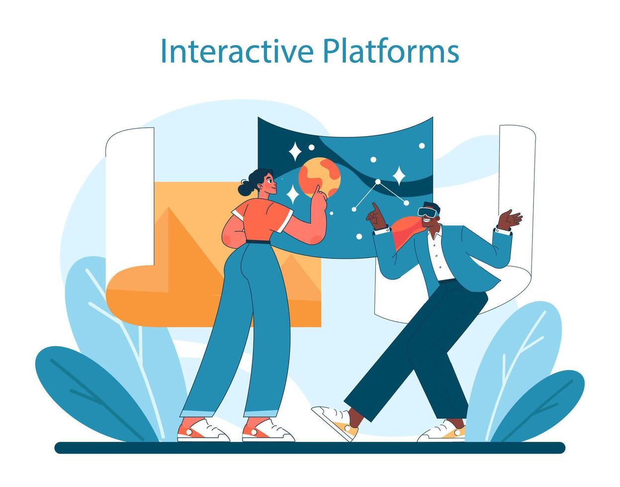 Interactive Platforms concept in Virtual Tourism. Users connect through advanced technology vector