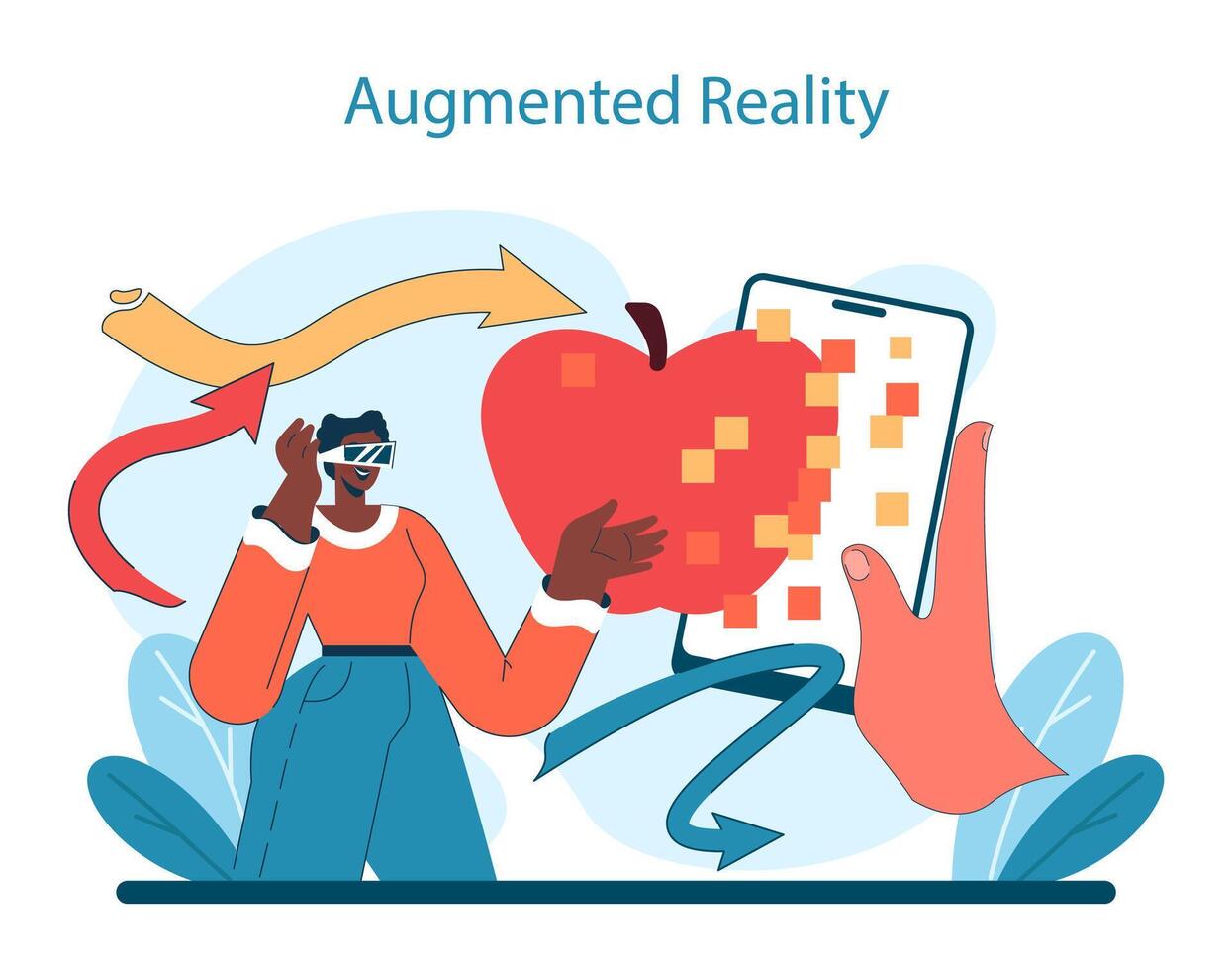 Augmented Reality innovation. A user interacts with a digital apple through AR vector