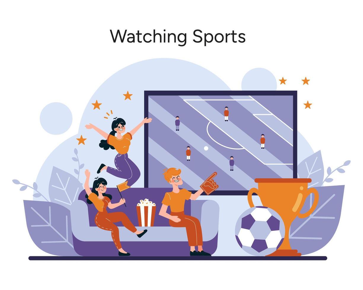 A group of friends express their excitement while watching a soccer match on a big screen vector