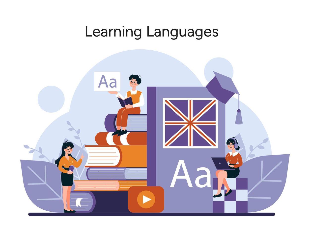 Enthusiastic learners delve into linguistics with books and digital aids, showcasing the joy of learning new languages vector