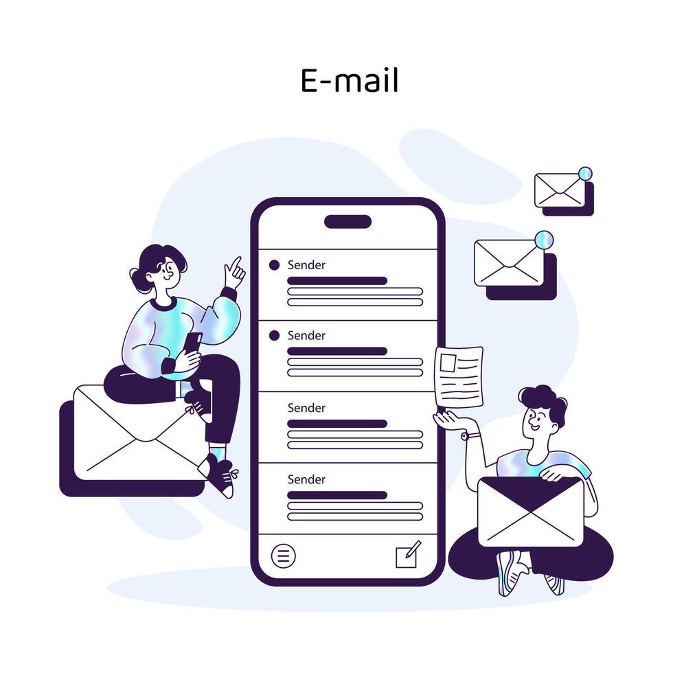 caracteres interactuando con un moderno correo electrónico aplicación en un teléfono inteligente, simbolizando eficiente digital comunicación vector