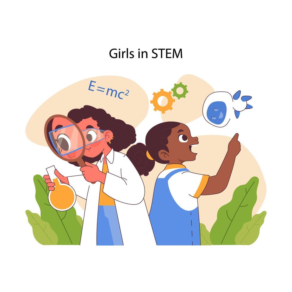 Girls in STEM concept. Flat vector illustration