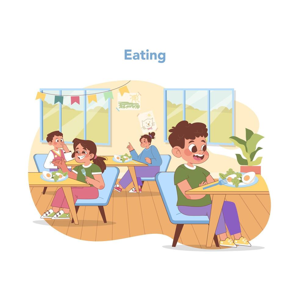 Kindergarten mealtime. Flat vector illustration