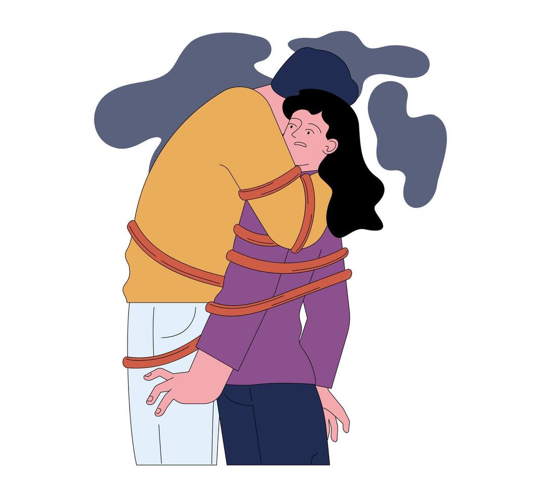 Fear of long-term commitment. Scared and anxious woman tied up to a man vector