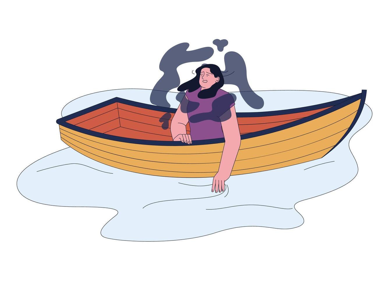 Fear of isolation. Frightened young woman sitting in a drifting away boat. vector