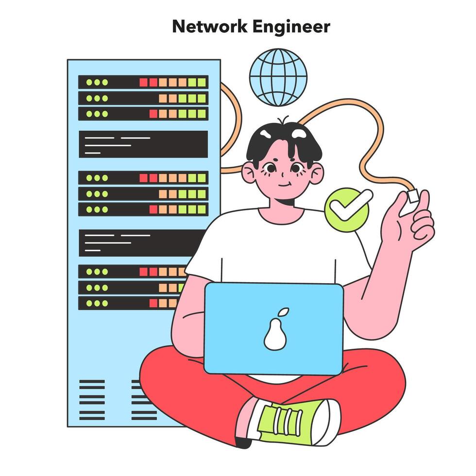 A Network Engineer is featured with essential networking equipment, showcasing the connectivity and infrastructure management vital in IT careers vector