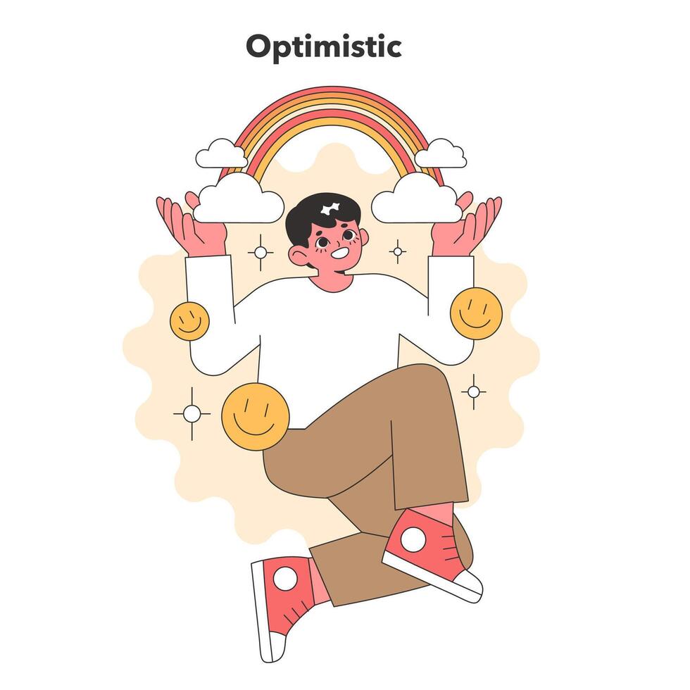 brillante y alegre vector ilustración de un persona con un arco iris gastos generales, capturar el esencia de optimismo y positivo pensando