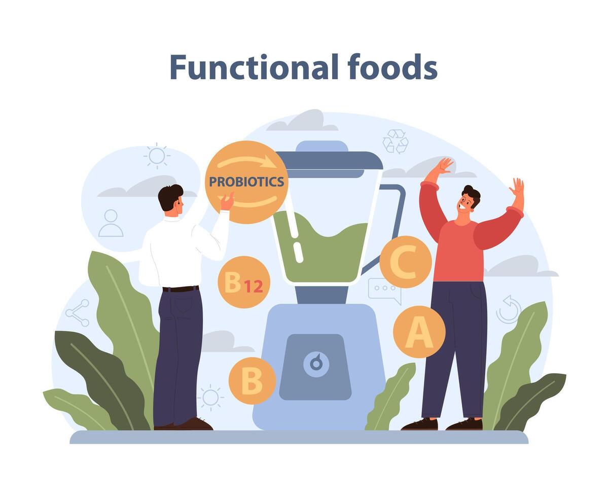 Functional Foods Concept. Two individuals explore the benefits of nutrient-rich foods. vector