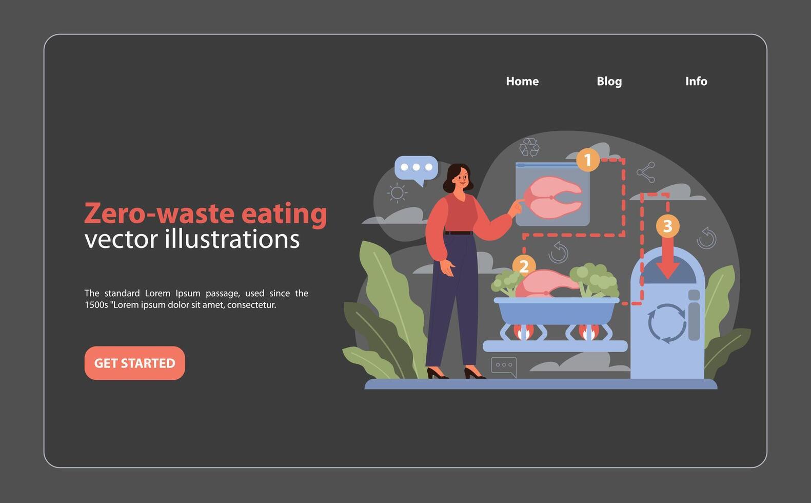 Zero-Waste Eating Concept. Illustration of a woman practicing zero-waste principles in food preparation. vector