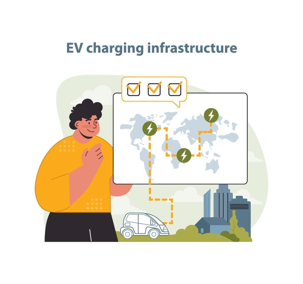 ev cargando infraestructura desarrollo ilustración. un vívido vector representación.