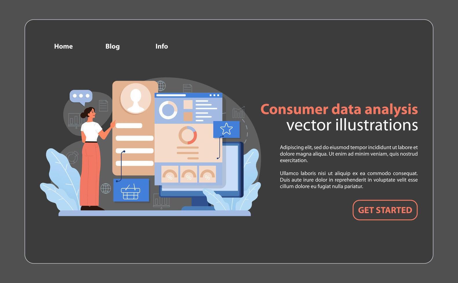 Consumer Data Analysis. A professional analyzing consumer profiles and metrics on. vector