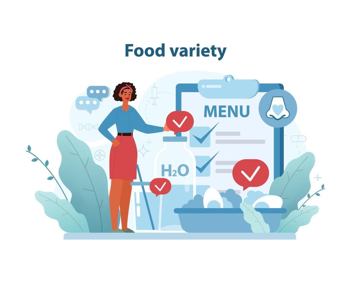 Dietary Choices Illustration. A woman stands by a diverse food menu and water. vector