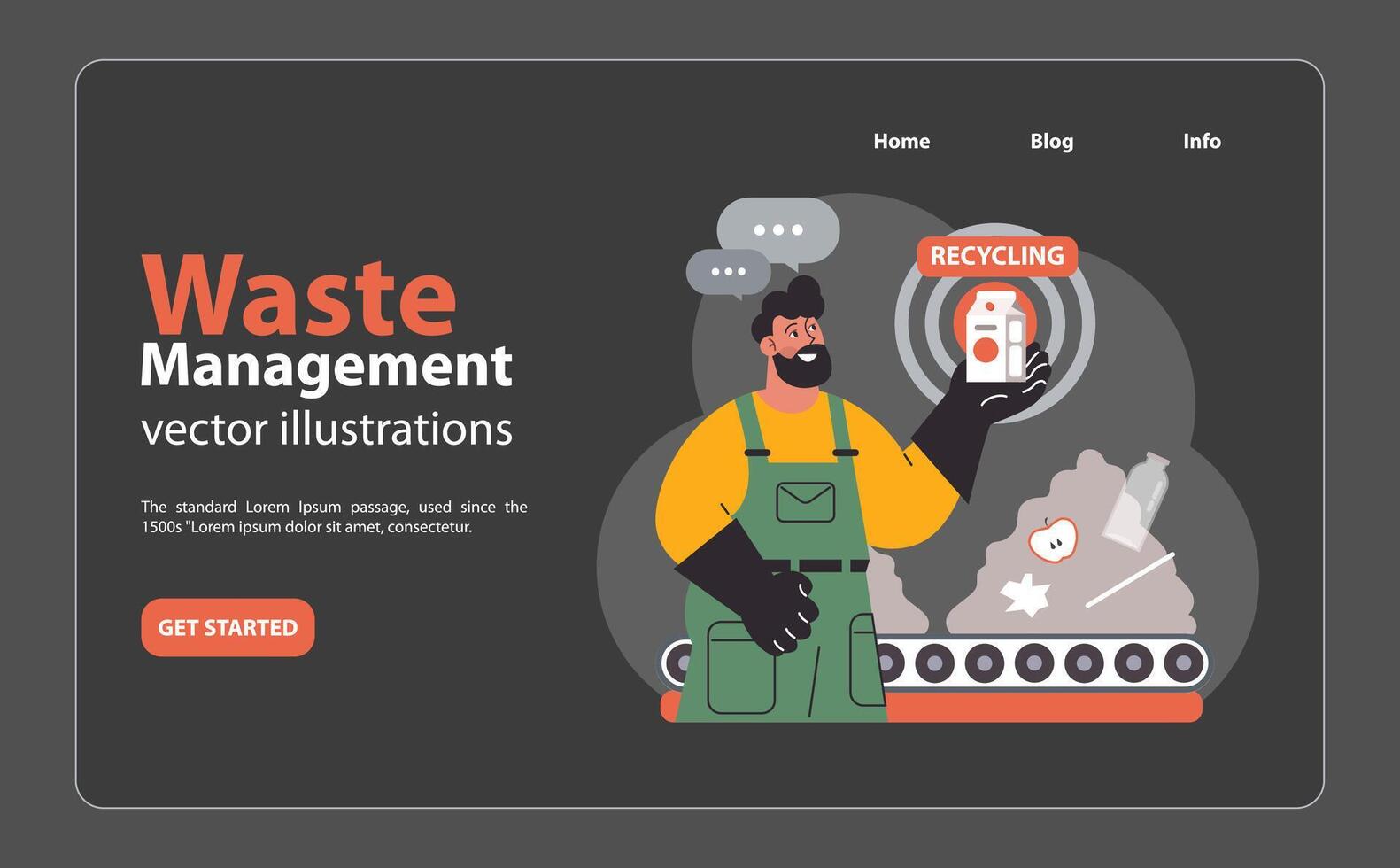 Worker showcases a recycling. Flat vector illustration.