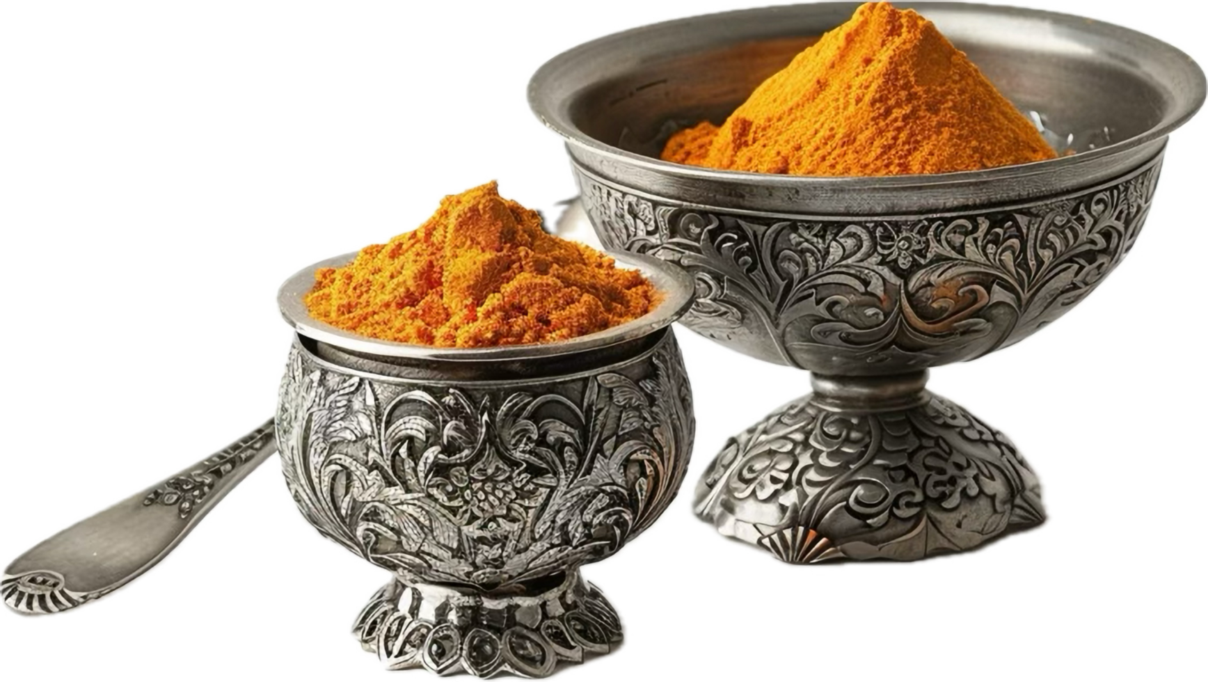 AI generated Turmeric Powder in Ornate Silver Bowl png