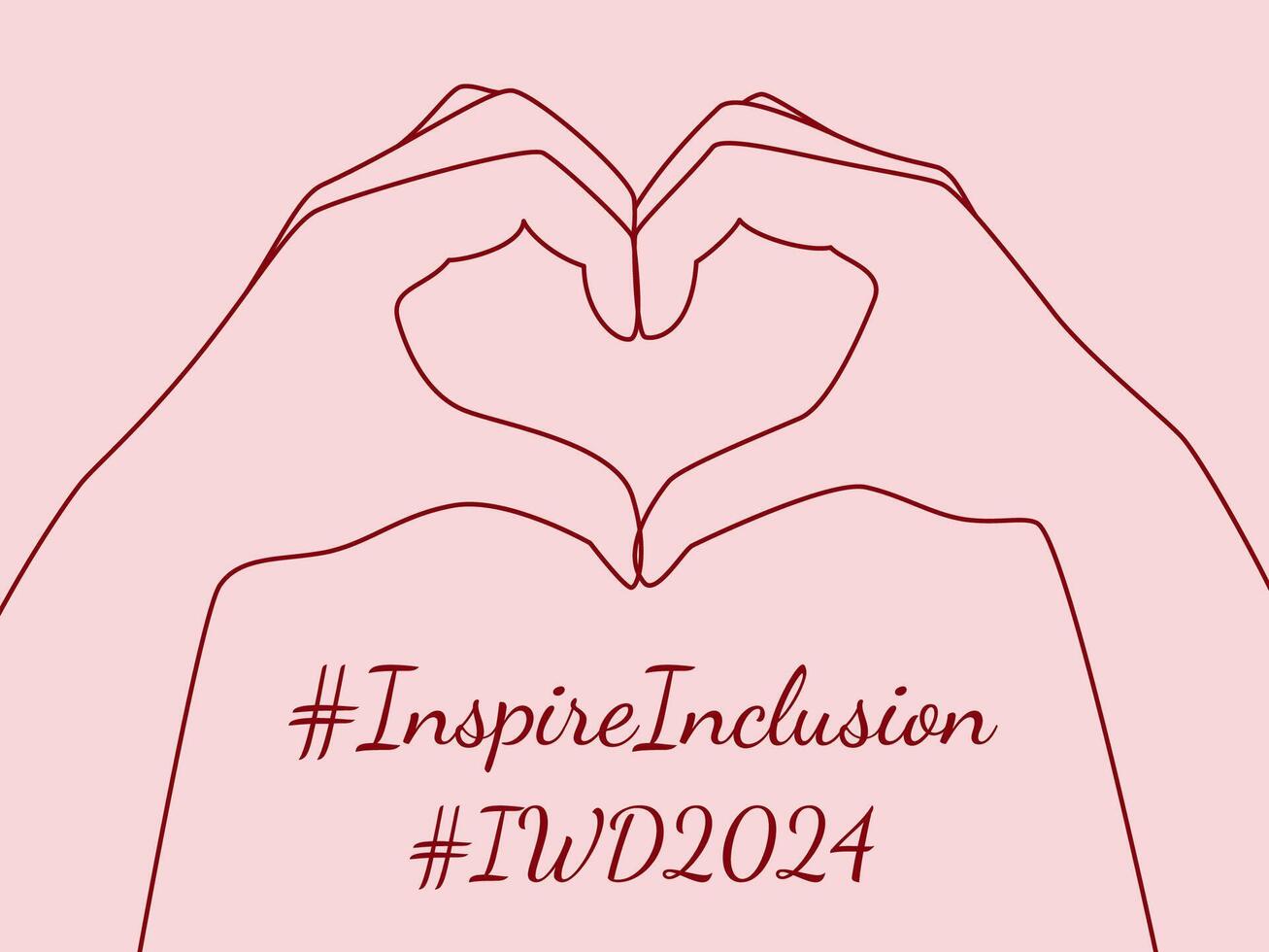 Inspire inclusion banner for International Women's day 2024. One line drawing hands making sign or symbol heart by fingers. 8 march, women's history month concept. Great for print, card, label, web vector