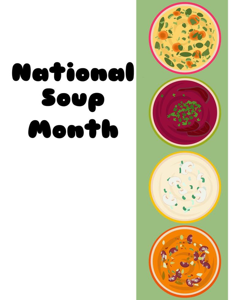 National Soup Month, vertical poster with a set of various soups vector