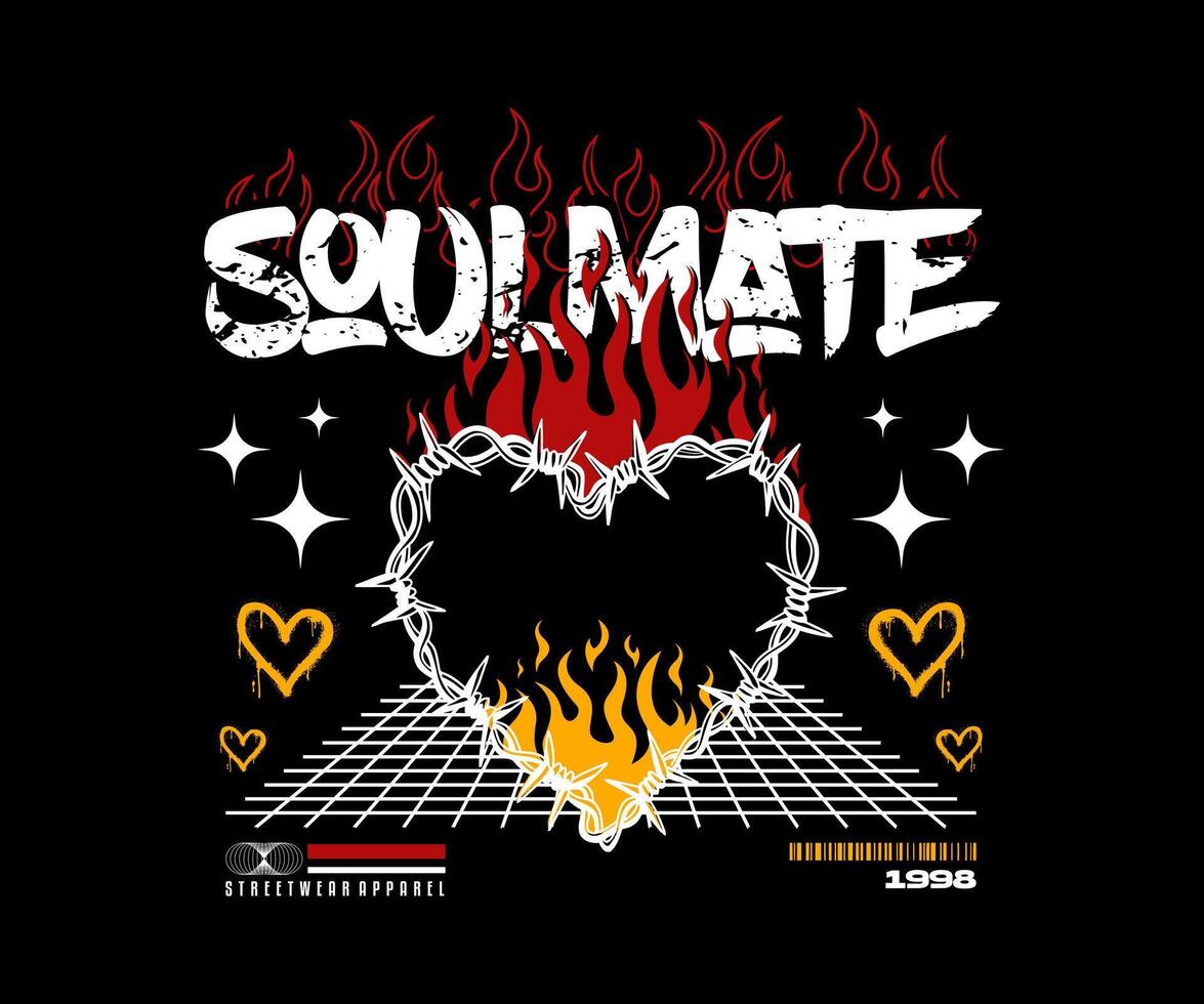 t shirt design with burning heart and slogan soulmate. Typography graphics for tee shirt apparel print design. Vector illustration.