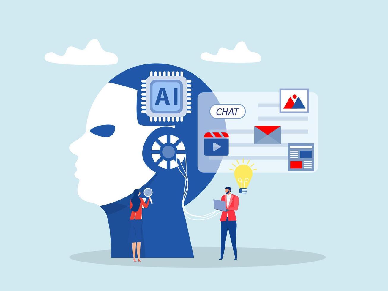 Ai generated or Artificial intelligence concept, AI chip, machine learning, analysis information with lightbulb idea to AI processing chip development innovation concept vector