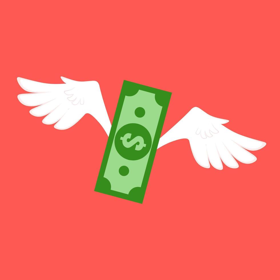 Vector illustration of a dollar bill flying with white wings. A sheet of banknotes isolated on a red background. Concept of investment, spending and loss of savings.