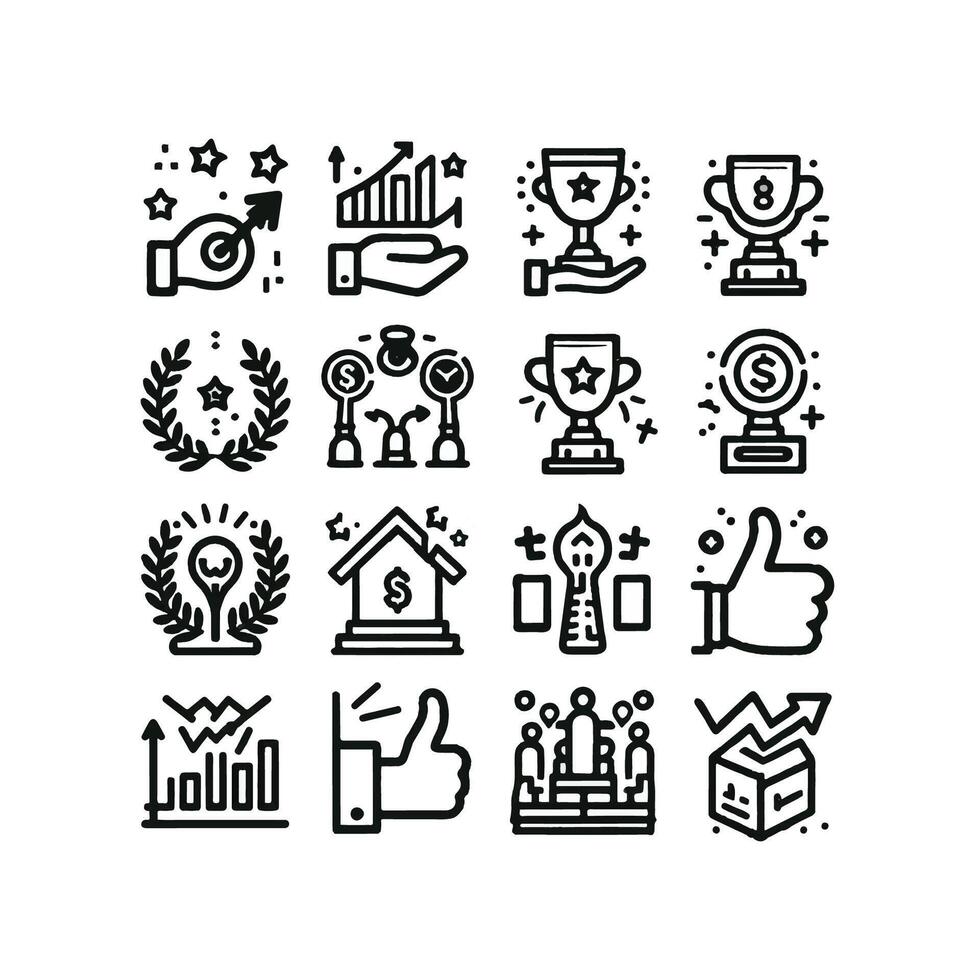 Success, award, growth, win, thumbs up, key editable stroke outline icons set isolated on white background flat black and white vector