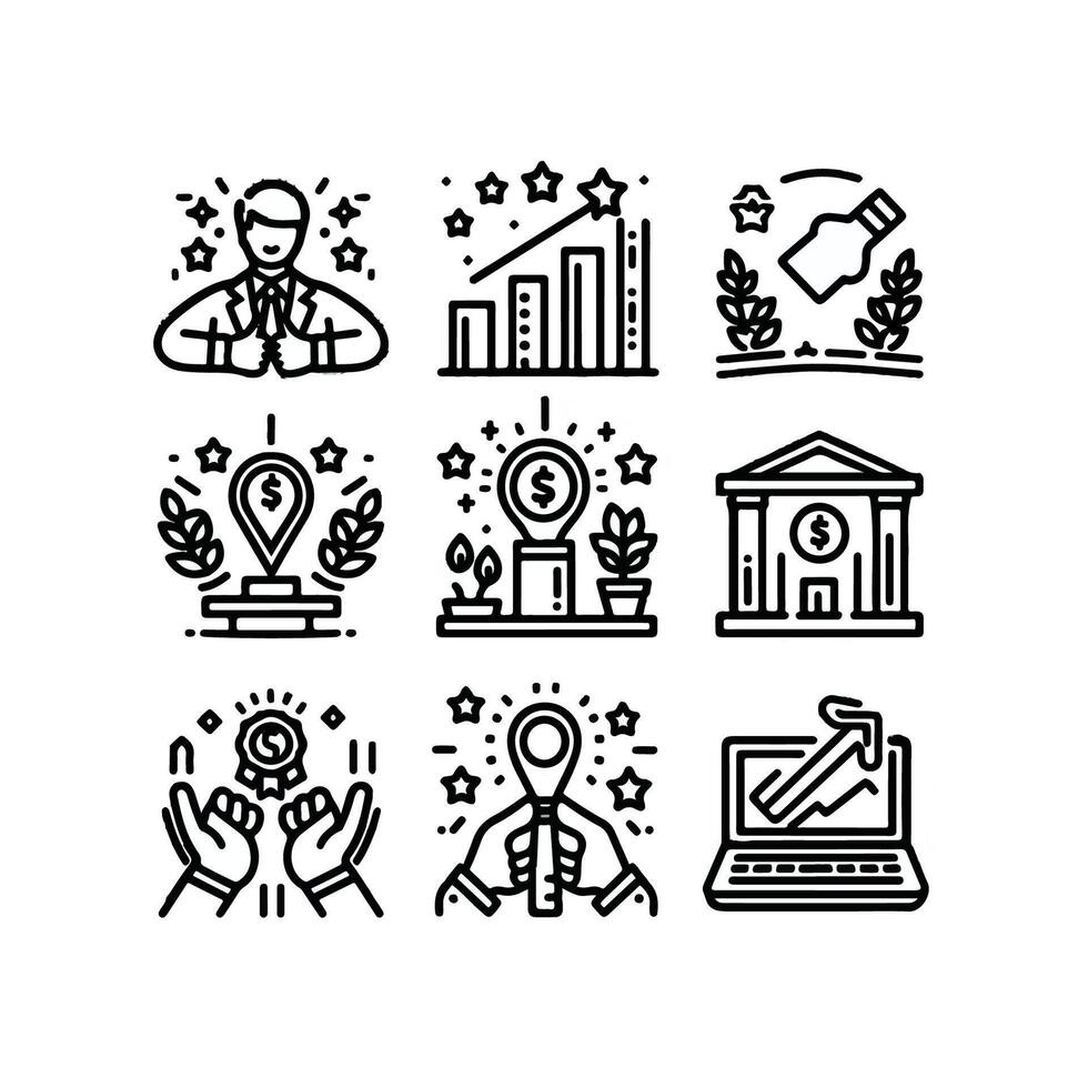 Success, award, growth, win, thumbs up, key editable stroke outline icons set isolated on white background flat black and white vector