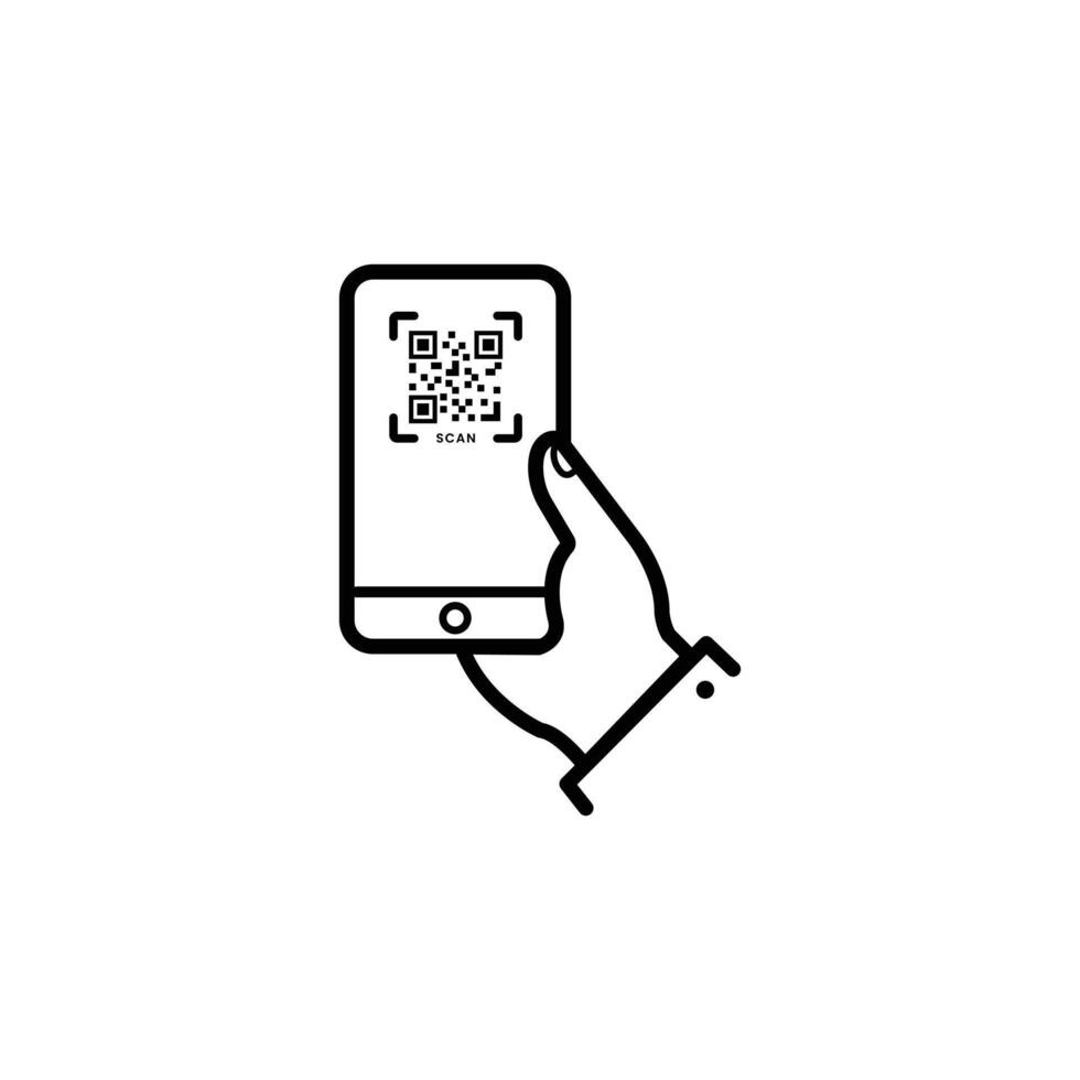 mano participación móvil teléfono en exploración qr código para pago contorno vector icono .