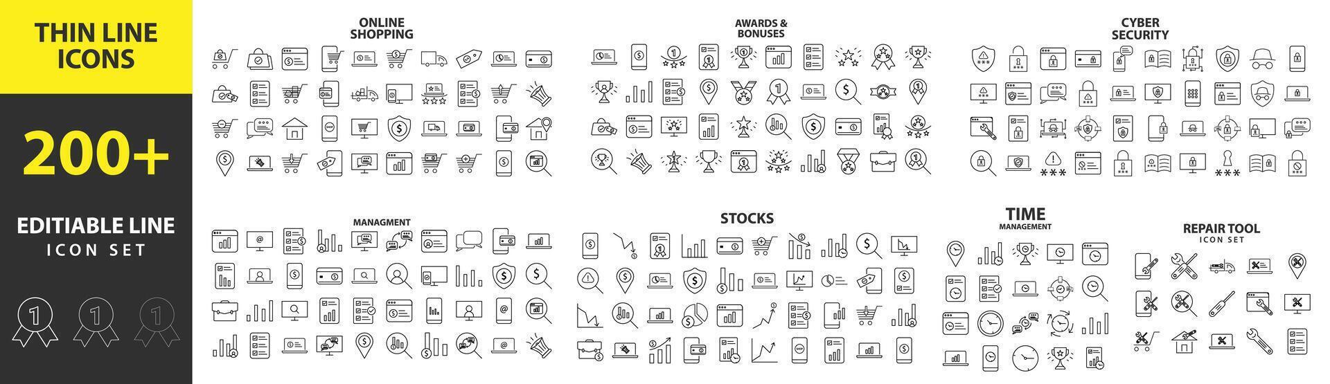 Set of 200 Business and Finance web icons in line style. Money, bank, contact, office, payment, strategy, accounting, infographic. Icon collection. Vector illustration. Minimal and Modern