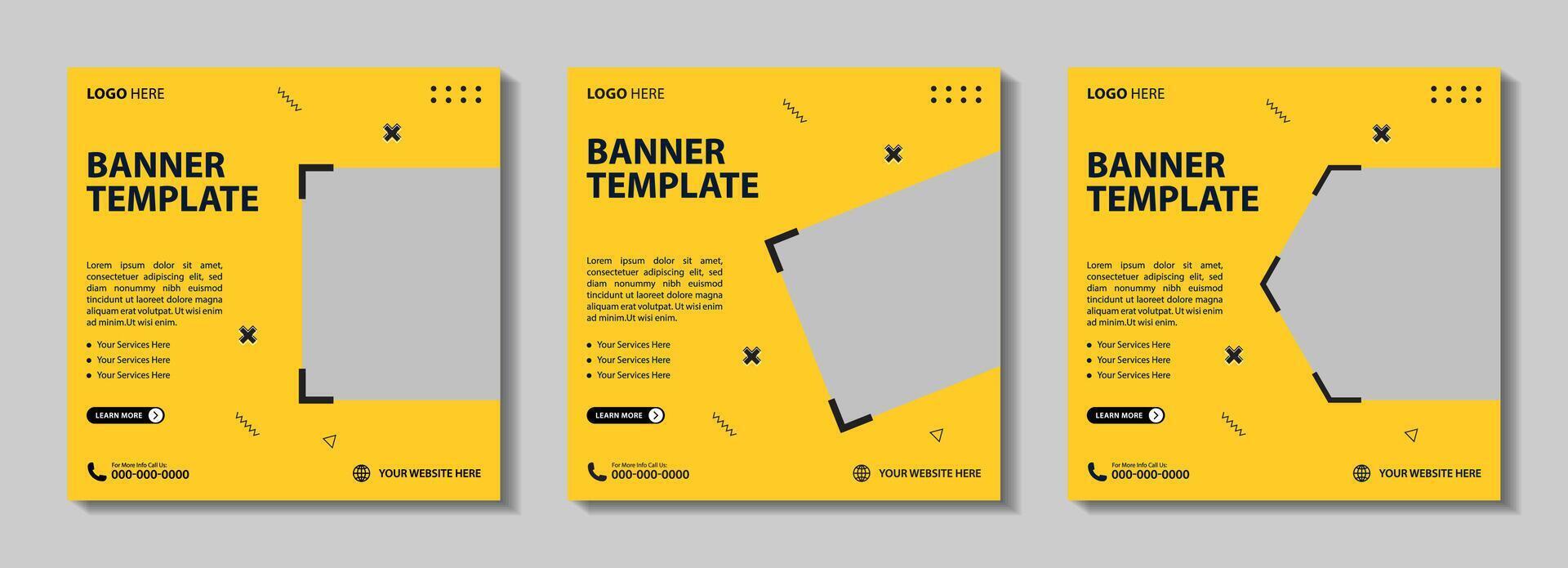 Minimal square banners with customizable photo frames for social media and web ads. Vector illustrations with editable templates in yellow and black for eye-catching promotions.