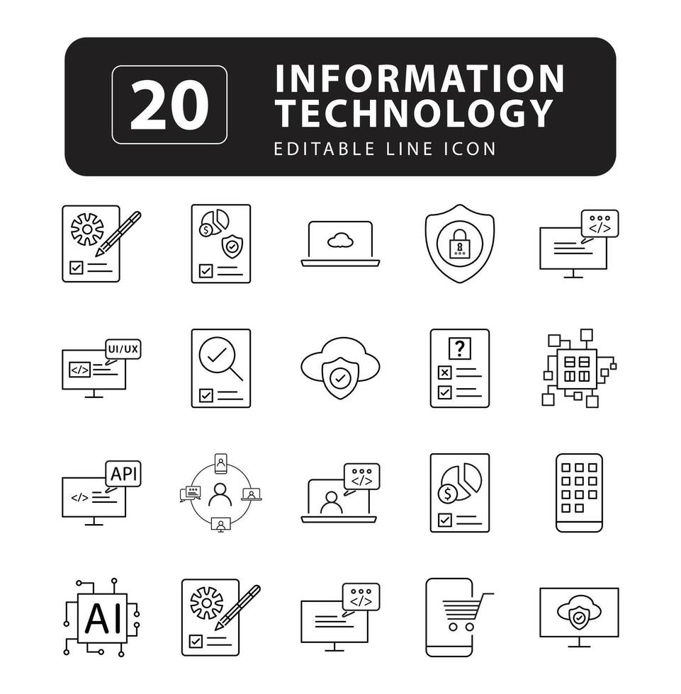 Dynamic IT Collection Editable Stroke Icons for Network Systems, Communication, Online Computing, Web Content, Design, Software, Data Centers, Mobile Devices vector