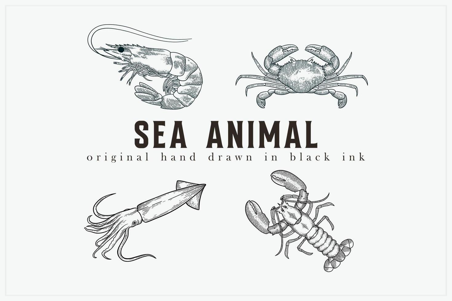 hand drawn vector illustration of crab, shrimp, squid, lobster
