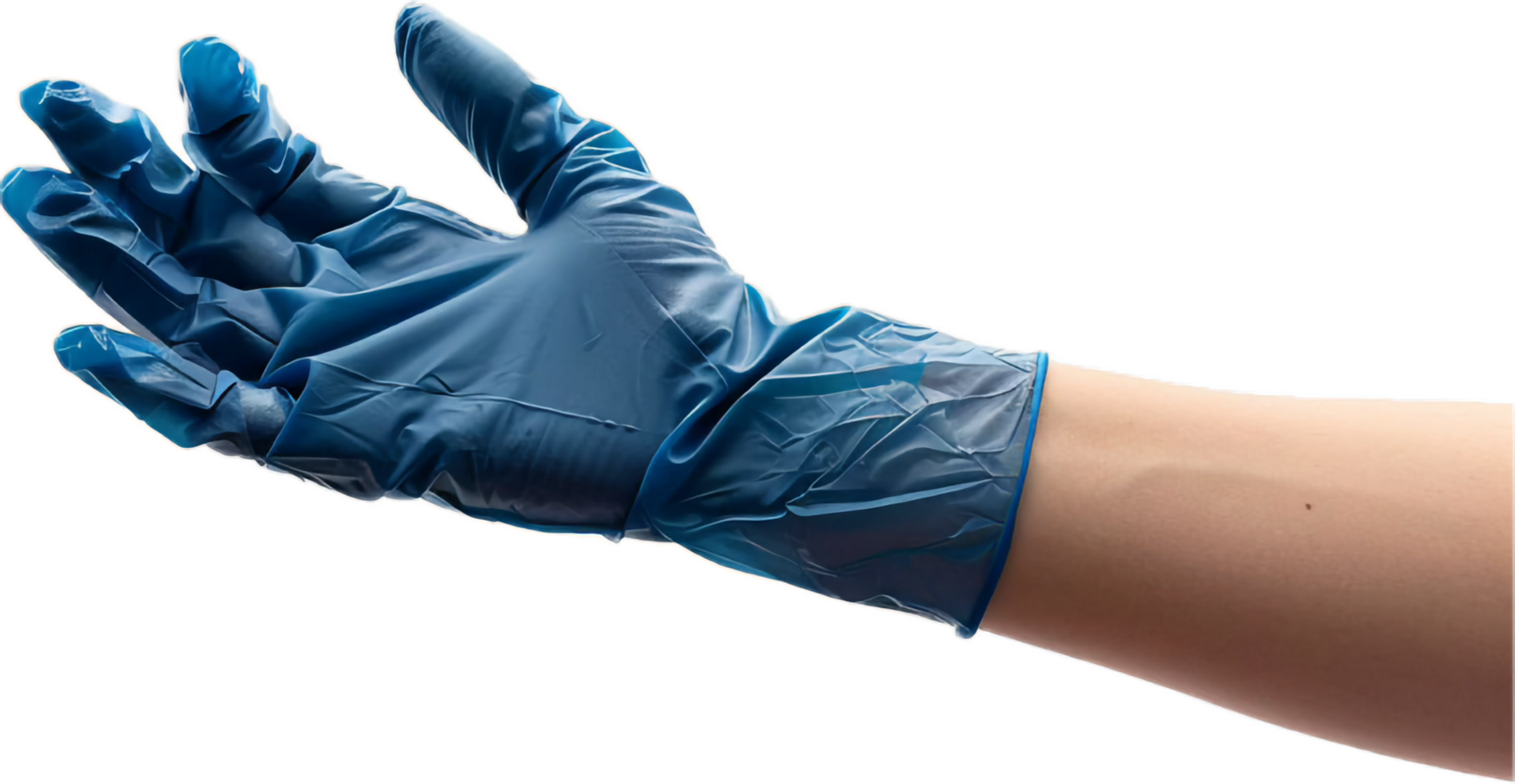 ai gegenereerd hand- vervelend een blauw beschermend latex handschoen PNG