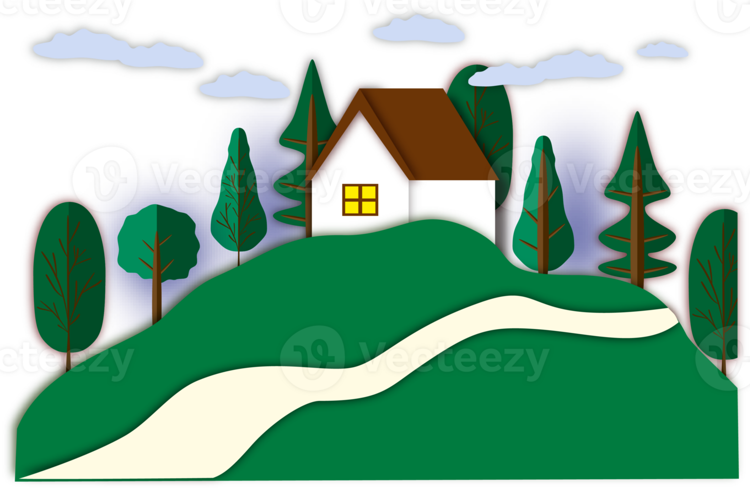 Beautiful shape banner in style paper cut for house in village on green meadow png