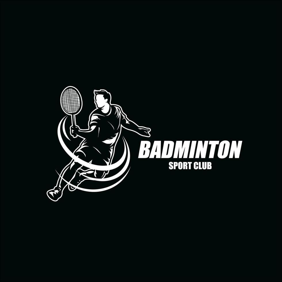 Abstract silhouette of a badminton player on black background. The badminton player man hits the shuttlecock. Vector illustration