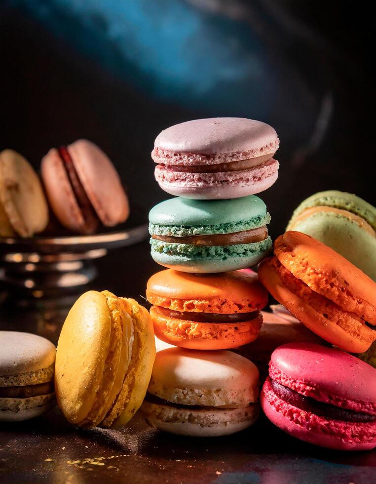 AI generated Colorful assorted macarons food photography soft lighting photo