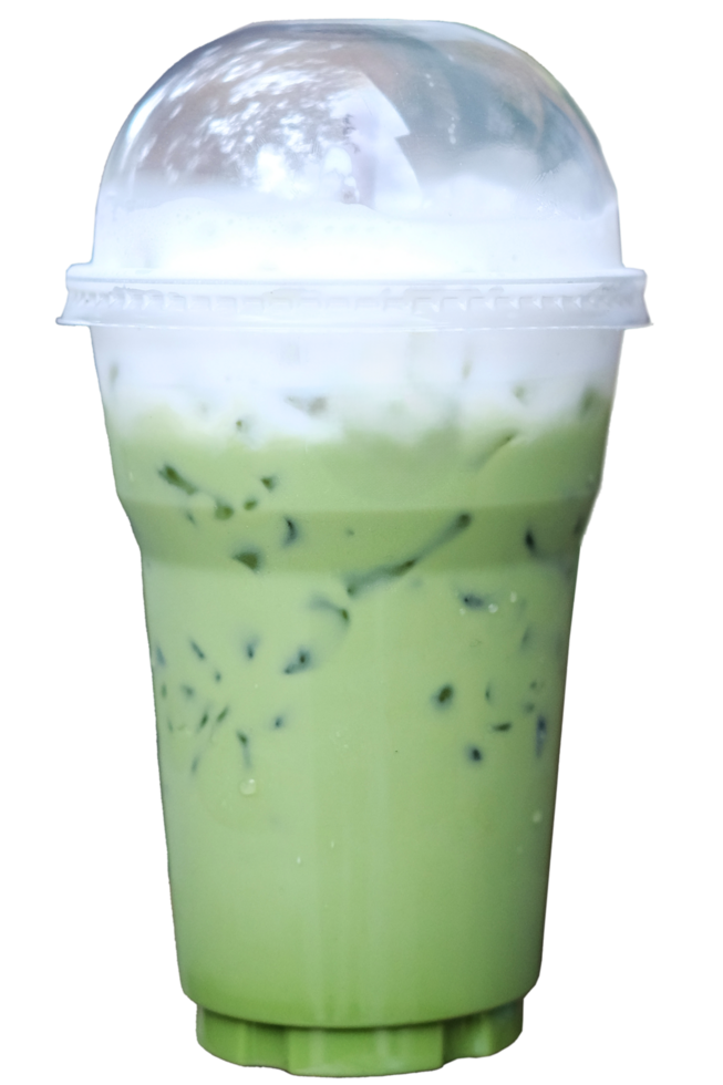 Fresh Iced Matcha green tea latte with milk foam in tall plastic glass png