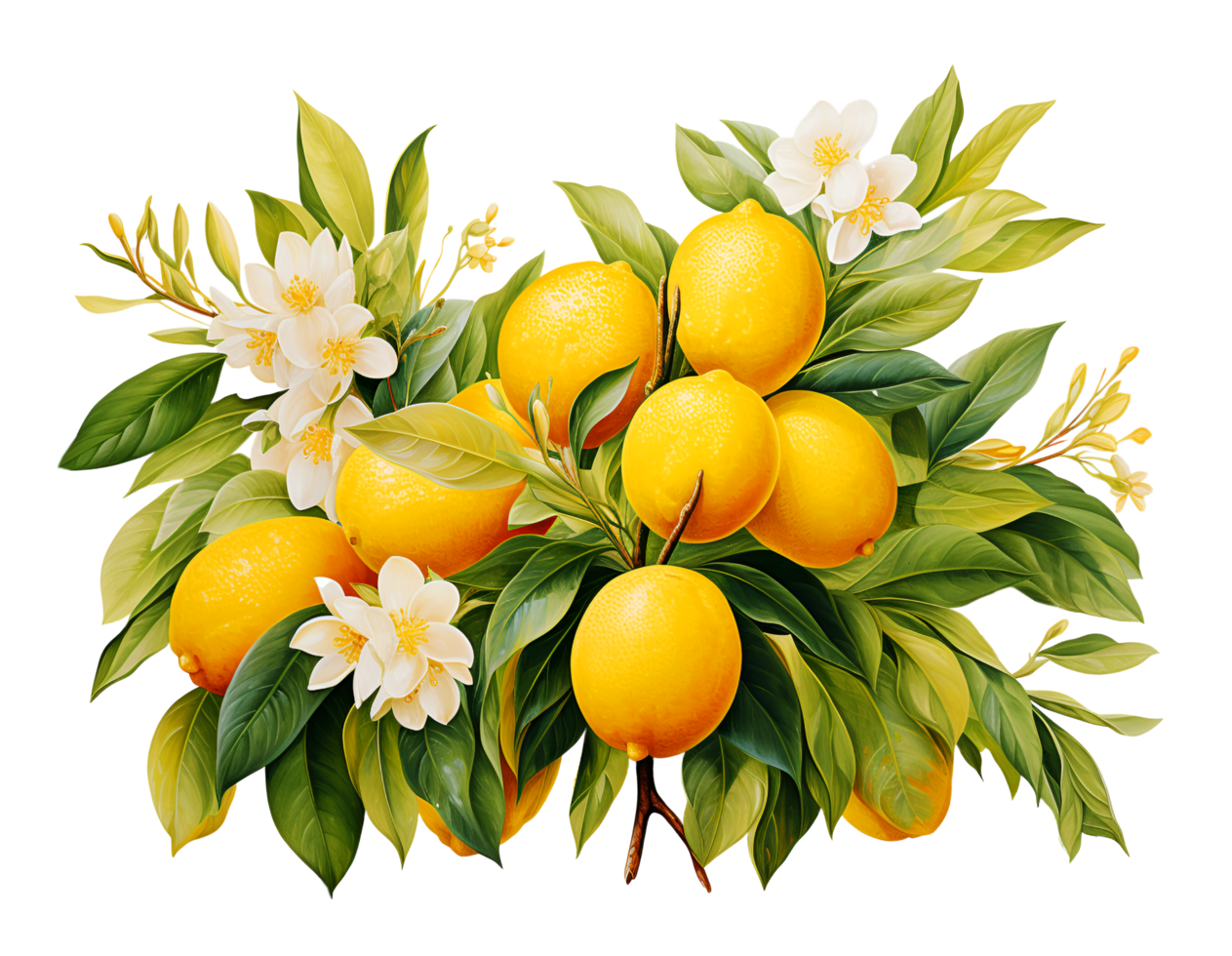 AI generated Watercolor and painting Blooming white flowers and fresh lemon branch. Lemonade citrus fruit png