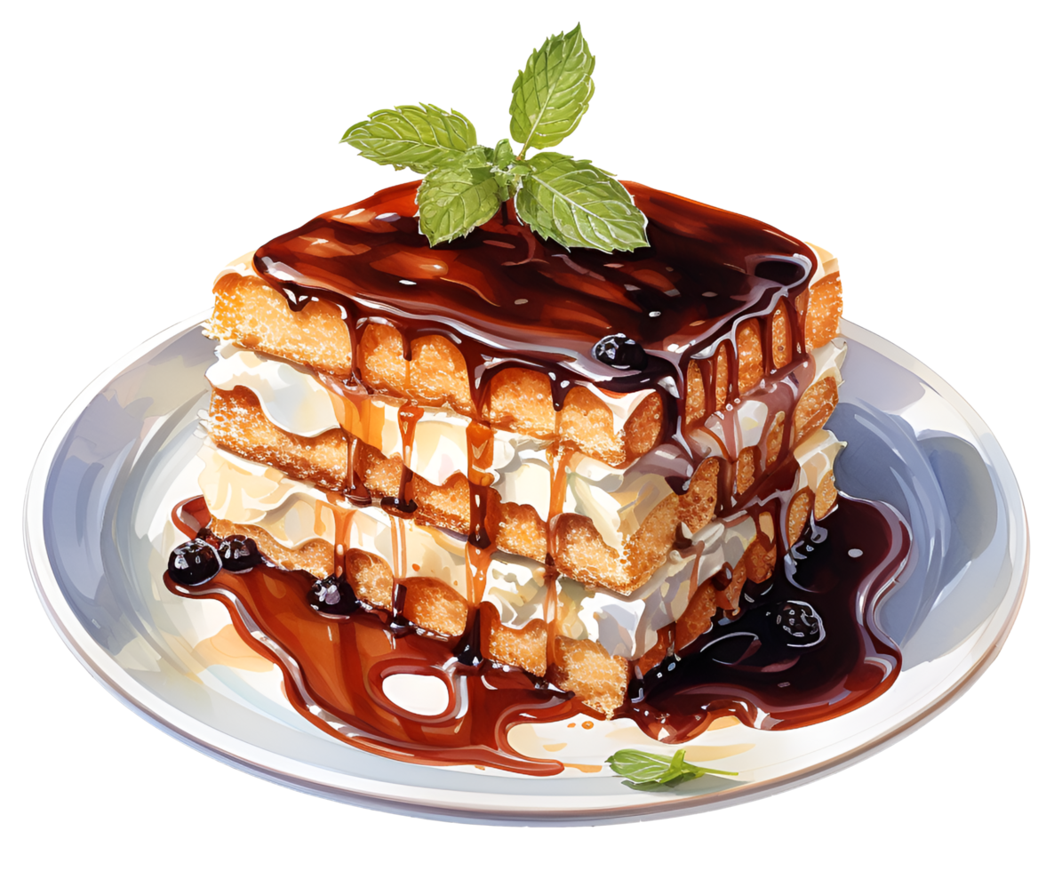 AI generated Watercolor Piece of tiramisu and chocolate with blue berry topping cake dessert on a plate png