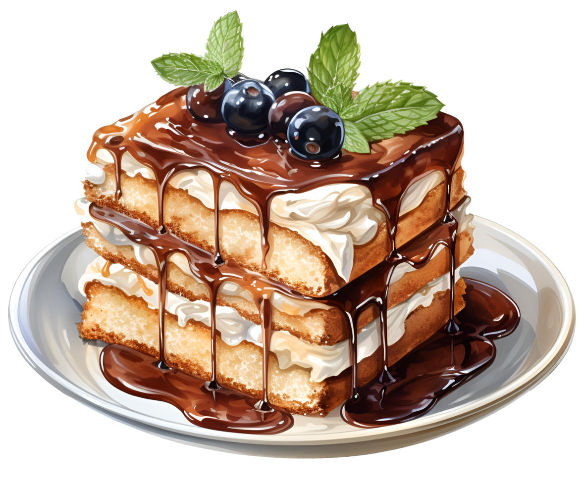 AI generated Watercolor Piece of tiramisu and chocolate with blue berry topping cake dessert on a plate png