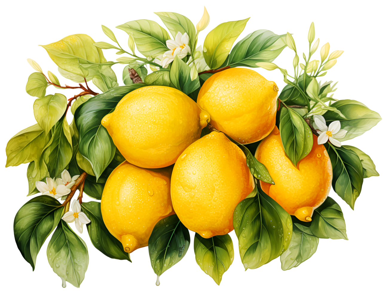 AI generated Watercolor and painting Blooming white flowers and fresh lemon branch. Lemonade citrus fruit png