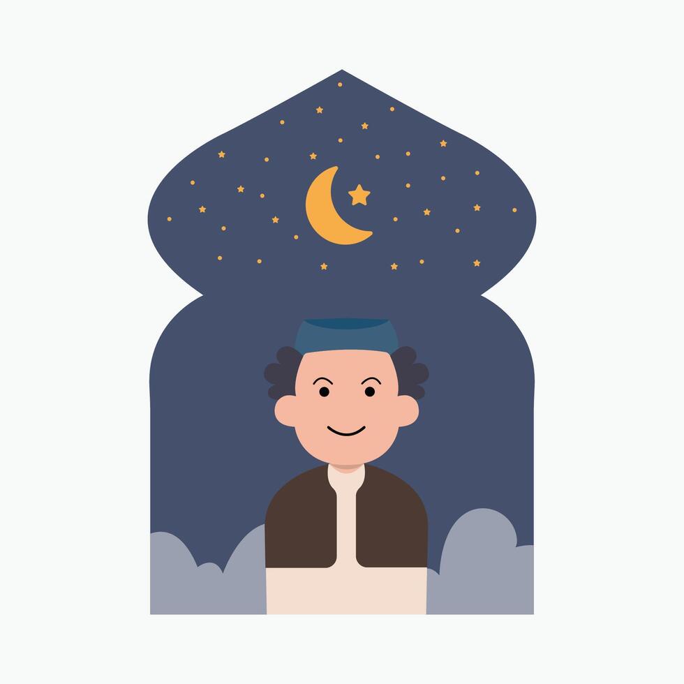 happy eid mubarak with kid character illustration simple concept cute cartoon muslim vector