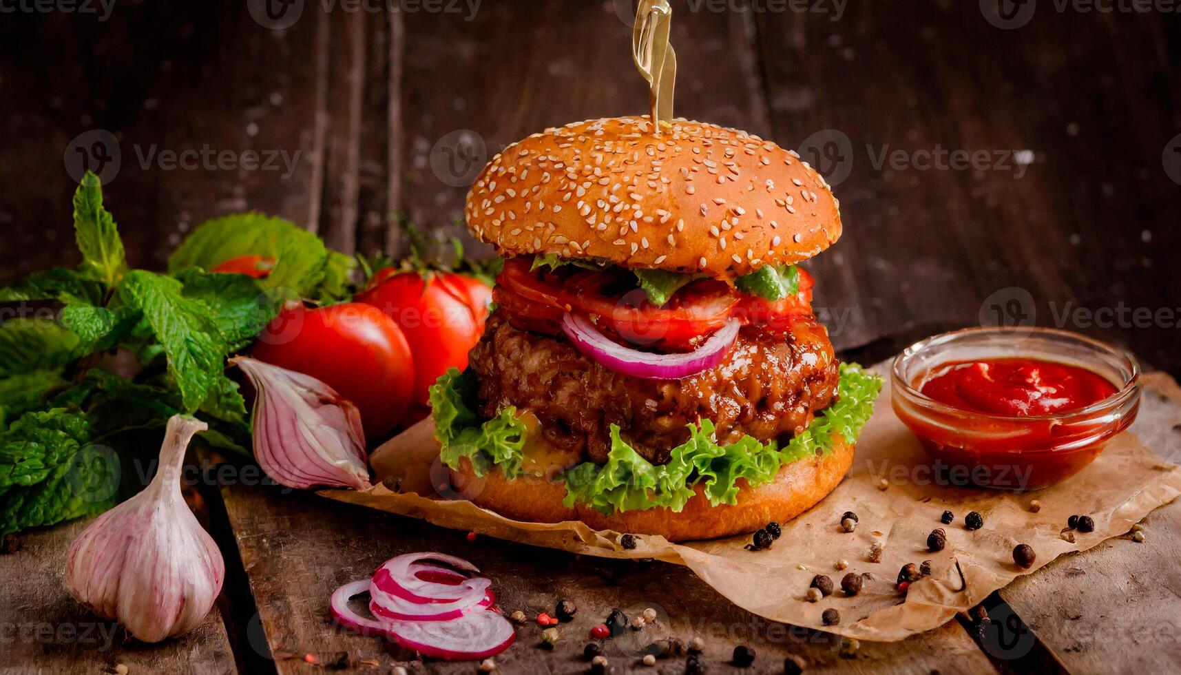 AI generated Juicy burger product photo, Artisan, Rustic, Food photography, Delicious photo