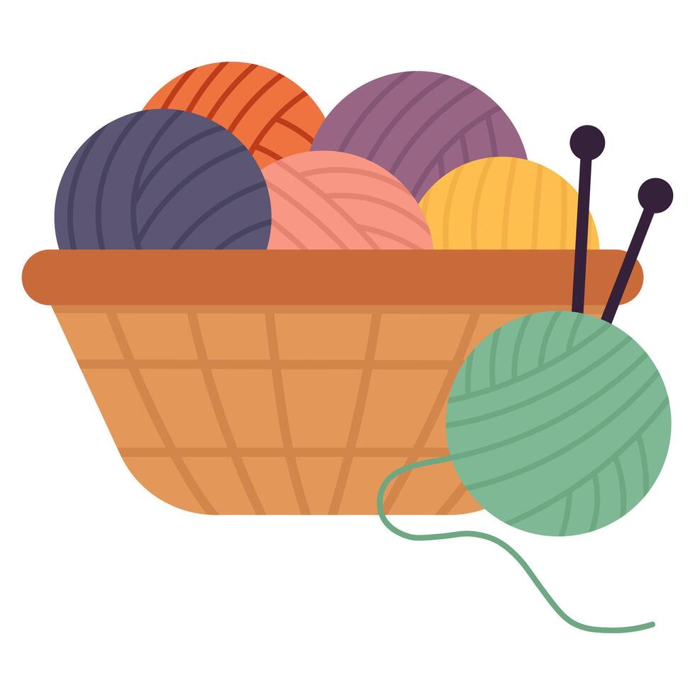 Basket with balls of thread for knitting. Vector illustration