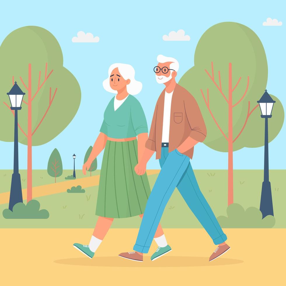 An elderly couple is walking hand in hand in the park. Vector illustration.