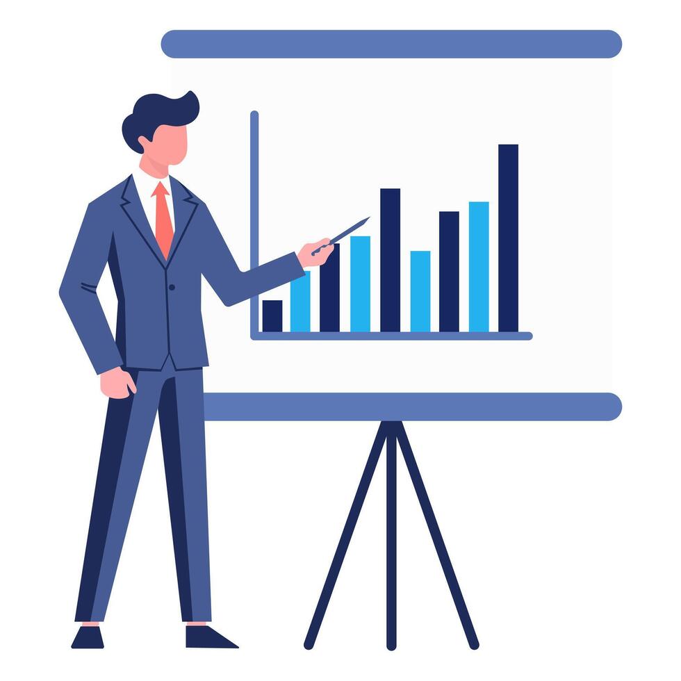 Man with a diagram on the board is giving a presentation with a pointer. Business presentation. Vector flat icon.