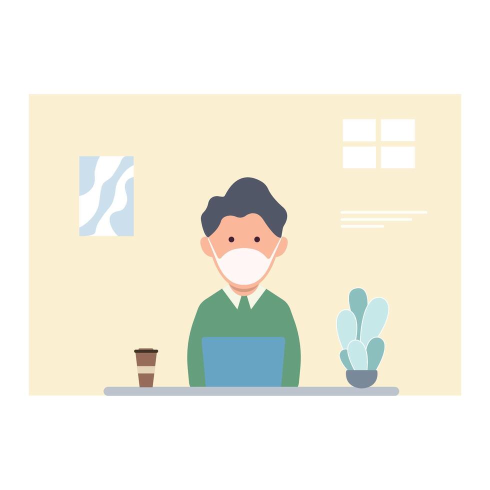 Man at desktop working with laptop Corporate worker Freelancer or office worker. Vector illustration in simple concept flat style