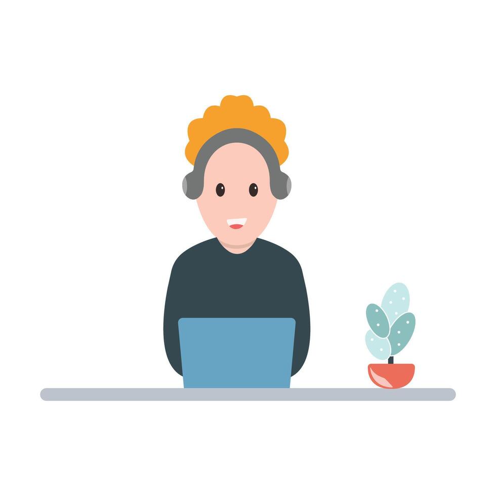 Man at desktop working with laptop Corporate worker Freelancer or office worker. Vector illustration in simple concept flat style