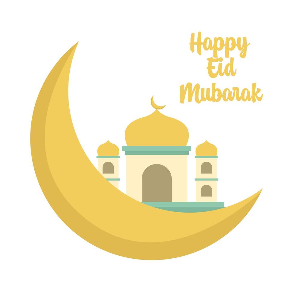 happy eid mubarak greetings, moon with mosque illustration vector