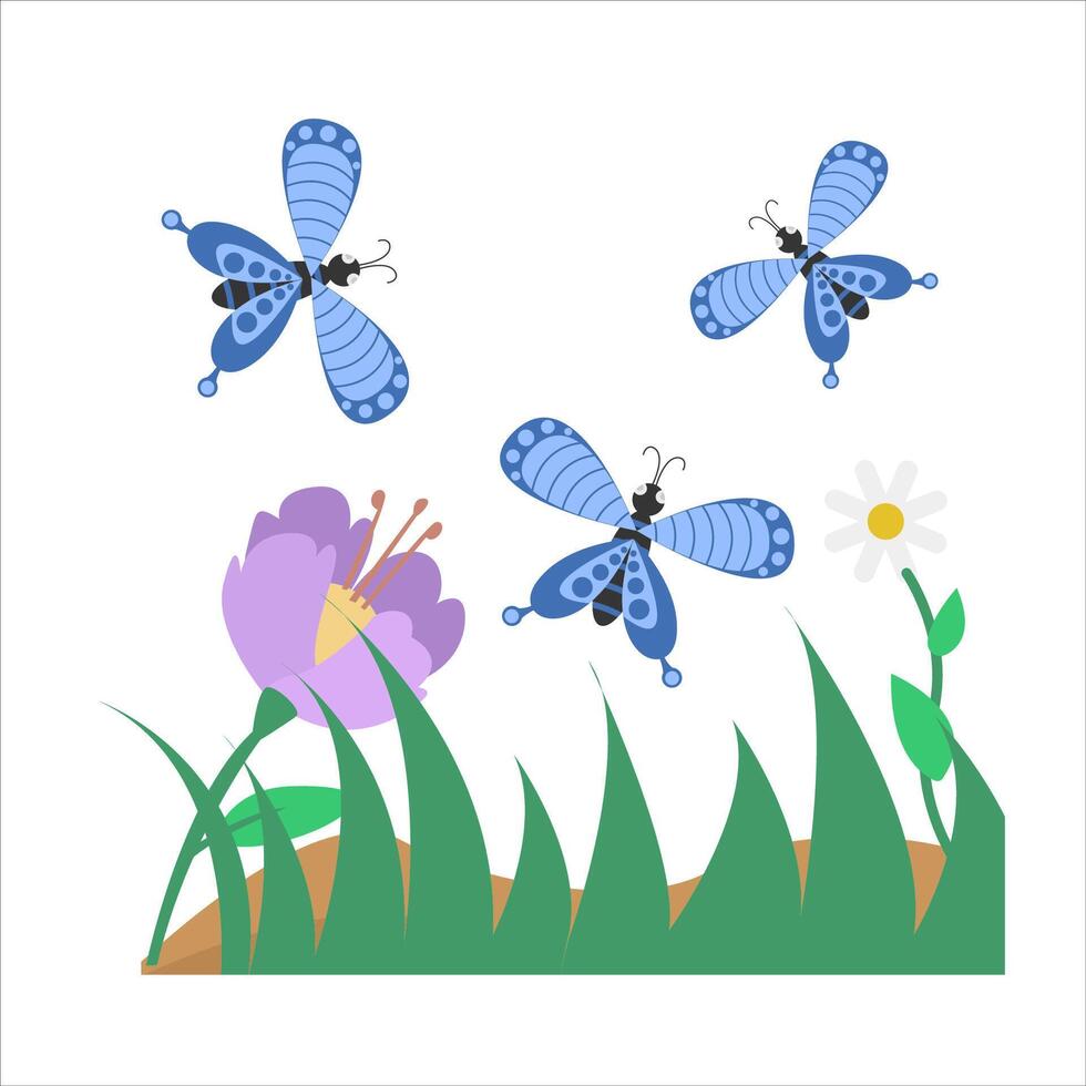 butterfly, flower with grass illustration vector