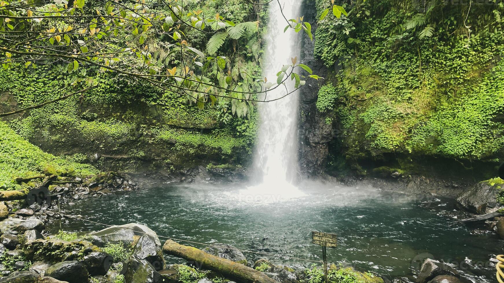 beautiful waterfall, named curug sawer in the middle of indonesia rainforest, asian forest hidden gem photo